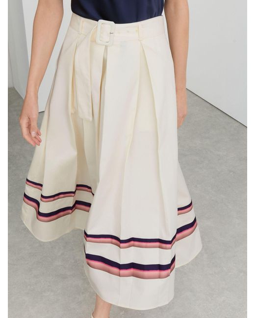 Reiss White Rian - Cream Cotton Stripe-detail Belted Midi Skirt, Us 2
