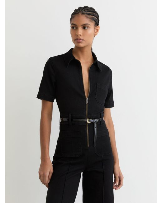 Reiss Black Wide-Leg Zip-Through Denim Jumpsuit