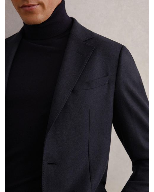 Reiss Blue Flannel Single-Breasted Blazer Tailored-Fit With Wool for men