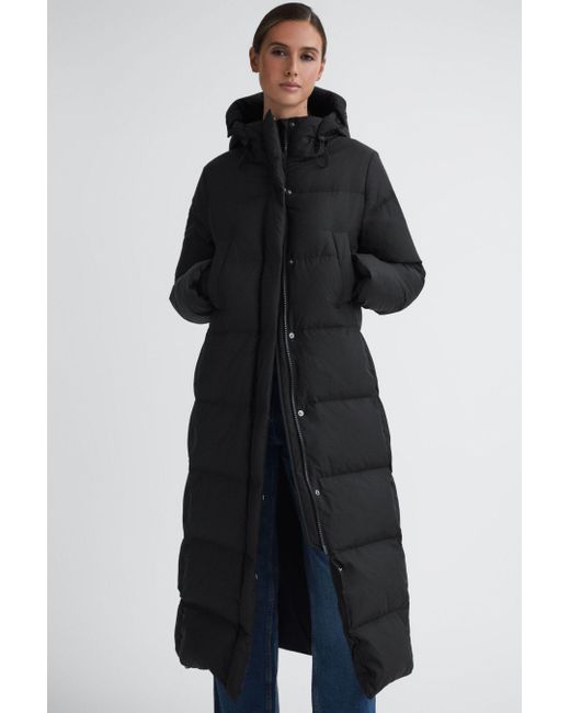 Reiss Blue Tilde - Black Longline Hooded Puffer Coat