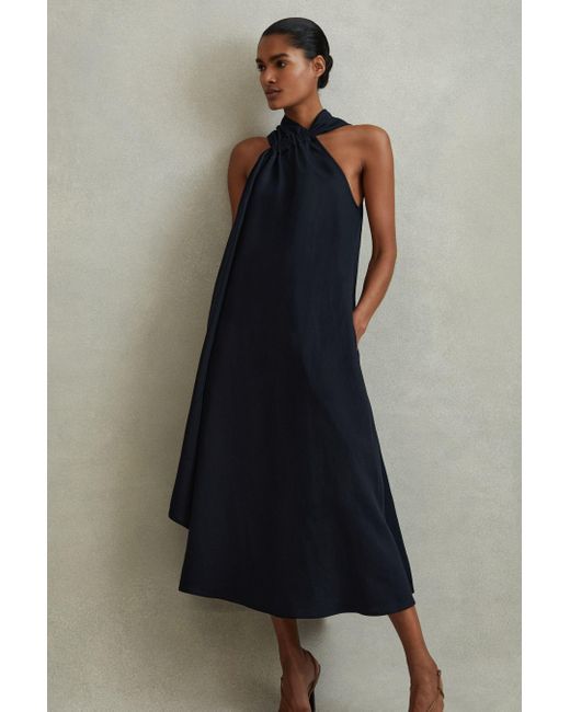 Reiss Blue Cosette - Navy Linen Blend Drape Midi Dress