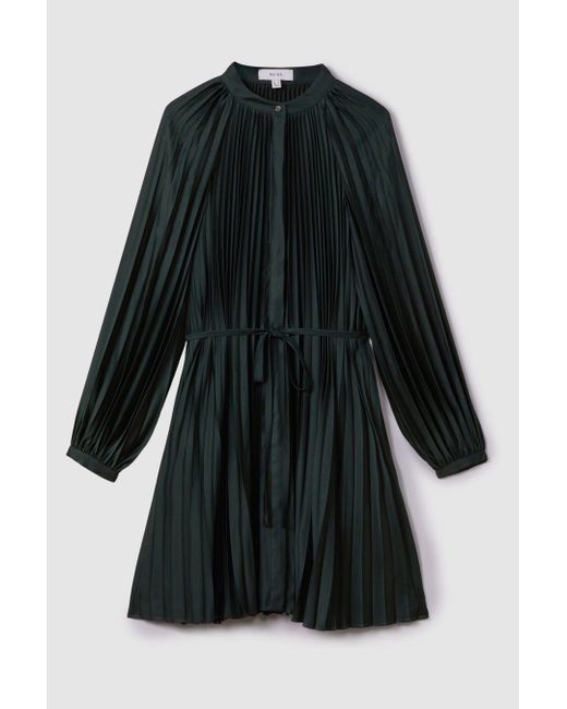 Reiss Black Trina - Green Pleated Belted Mini Dress