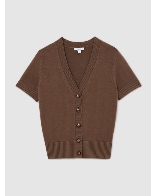 Reiss Blue Anya - Taupe Neutral V-neck Short-sleeve Cardigan Cotton-wool, L (us 12-14)