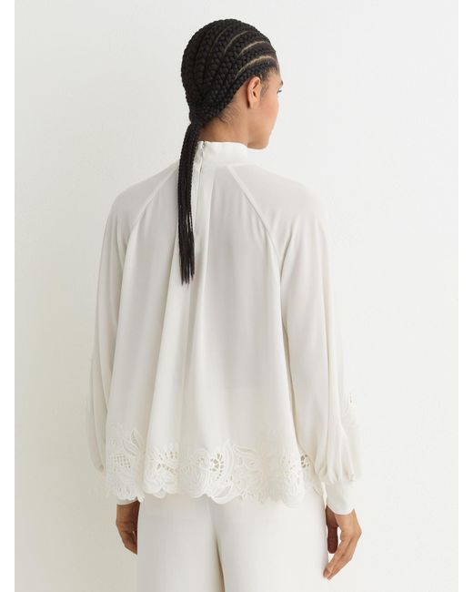 Reiss White Broderie Blouson-Sleeve Blouse