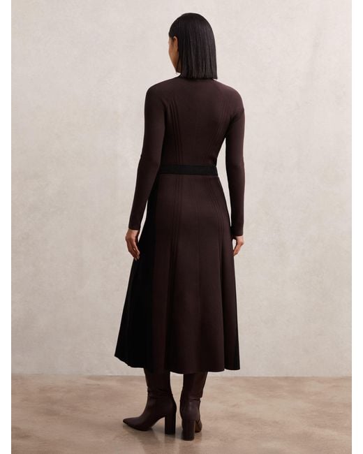 Reiss Zaya - Plum Purple/black Petite Knitted Contrast-panel Midi Dress, L (us 12-14)