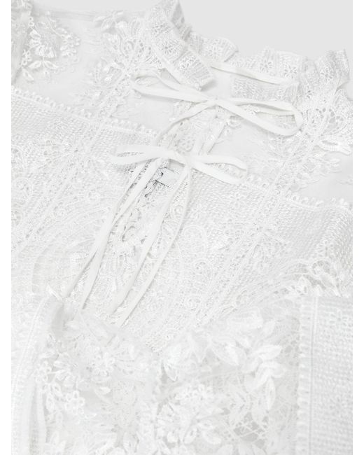 Reiss Brown Sheer Lace Tie-Neck Blouse