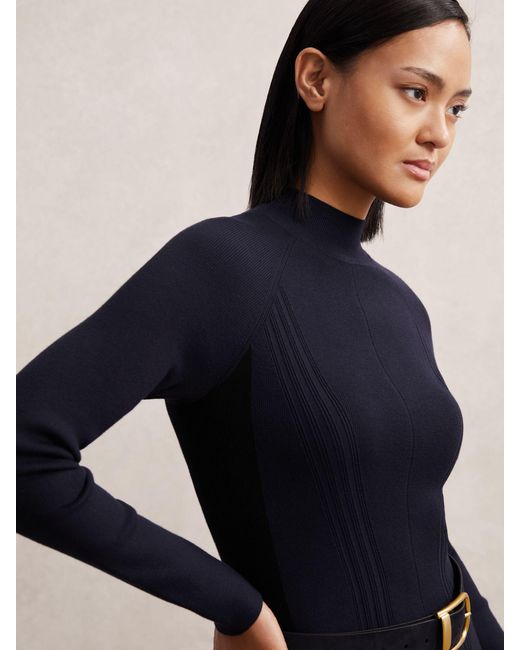 Reiss Blue Zaya Petite Knitted Contrast-Panel Midi Dress