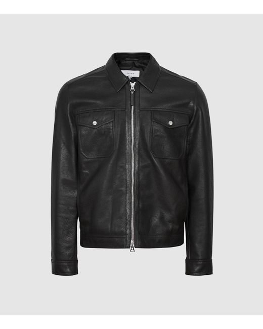 Reiss Black Cooper - Zip Through Leather Jacket for men