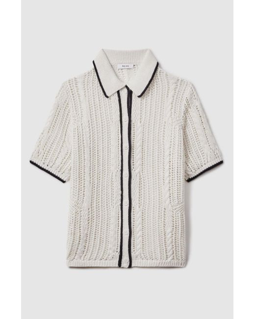 Reiss Natural Erica - Ivory/navy Linen Open Stitch Shirt