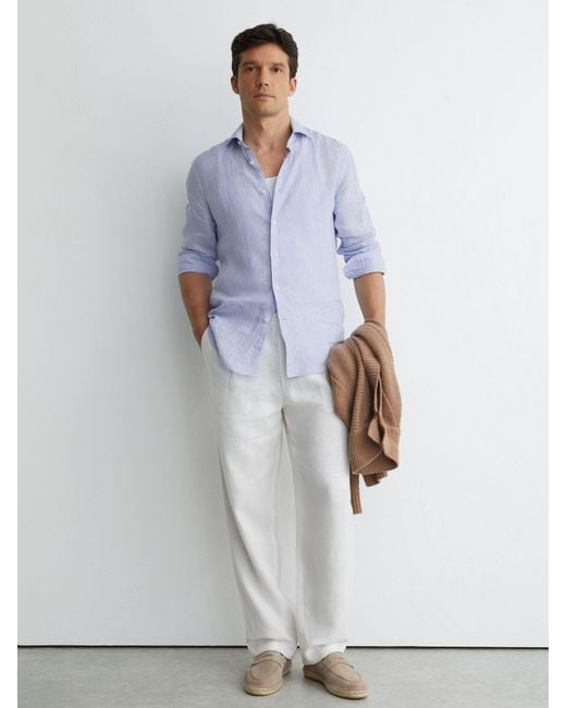 Reiss Blue Soft & Fine Stripe Linen Striped Cutaway-Collar Shirt Regular-Fit for men