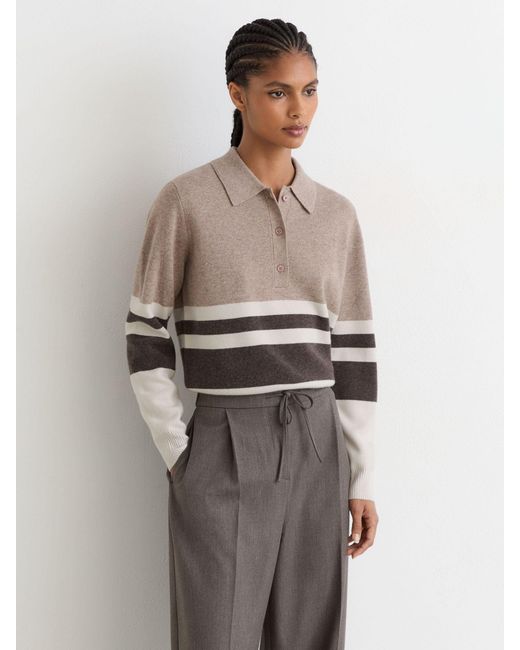 Reiss White Neutral & Chocolate Wool-Blend Rugby-Stripe Polo Top With Cashmere