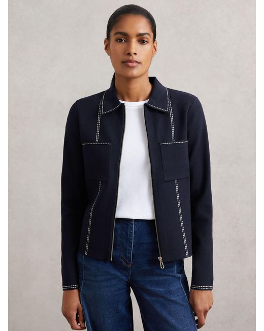 Reiss Blue Stitch-Detail Zip-Through Cardigan