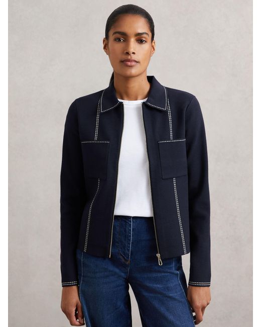 Reiss Blue Stitch-Detail Zip-Through Cardigan
