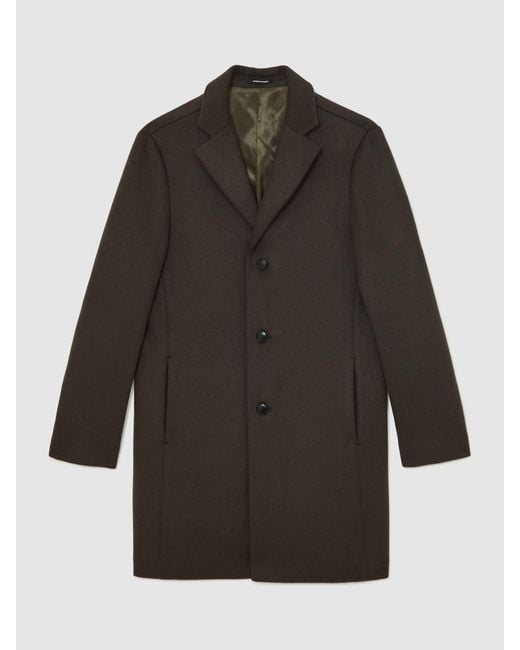 Reiss Brown Wool-Blend Single-Breasted Overcoat for men