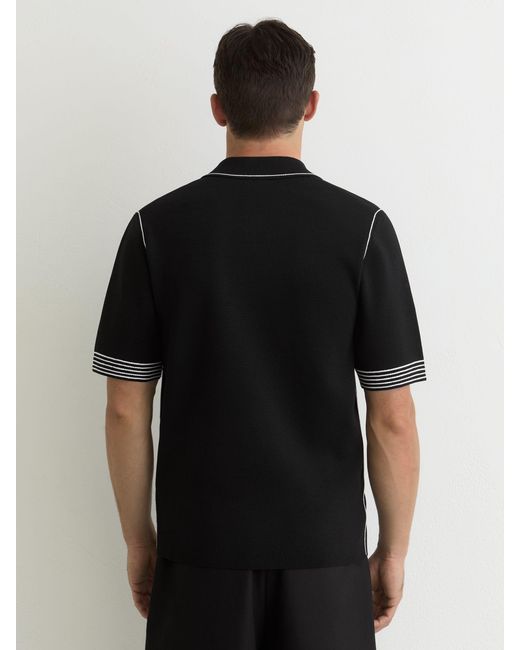 Reiss Black Newbury Contrast-Stitch Knitted Polo Shirt for men