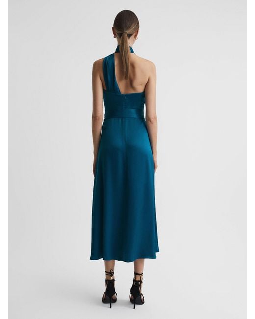 Reiss Blue Satin Halter Neck Fitted Midi Dress