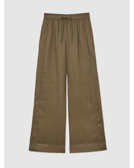 Reiss Multicolor Riley - Khaki Green Petite Linen Ladder-embroidery Wide-leg Trousers, Us 10