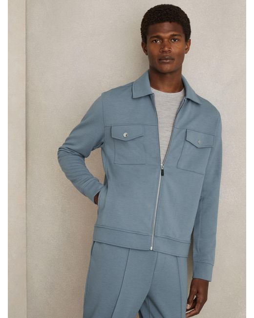 Reiss Blue Premium Interlock Zip-Through Overshirt for men