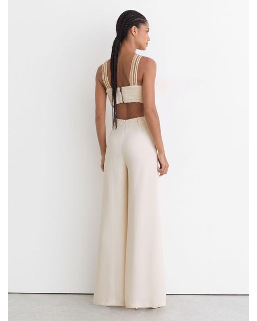 Reiss White Woven-Trim Cut-Out Wide Leg Jumpsuit