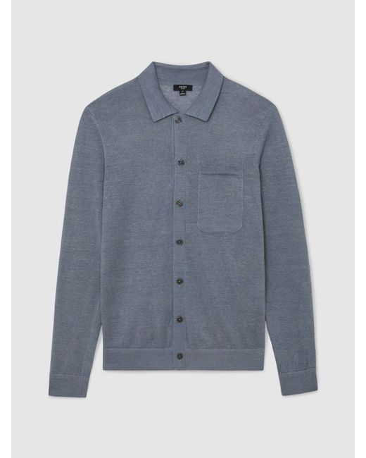 Reiss Blue Linen Button-Through Collared Cardigan for men