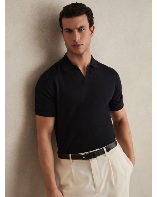 Reiss Black Merino Wool Open-Collar Polo Shirt for men