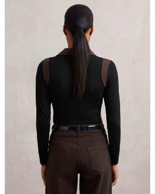 Reiss Black Chocolate Jersey Colour-Block Collared Shirt