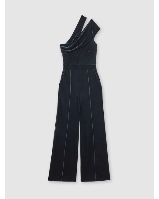 Reiss White Daria - Teal Green Velvet One-shoulder Wide-leg Jumpsuit, Us 14