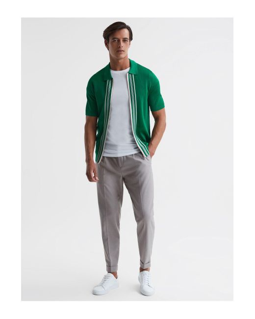 Reiss Castleton - Green Zip Front Striped Polo Shirt, Uk X-small for men
