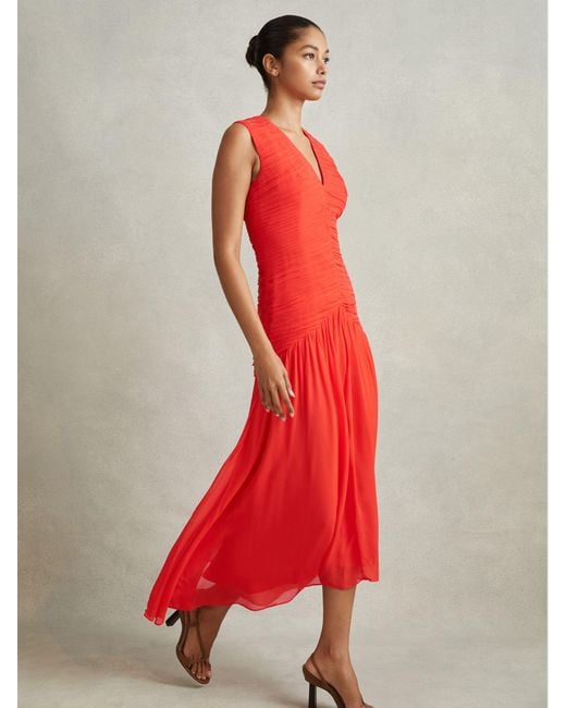 Reiss Red Petite Ruched Bodycon Midi Dress