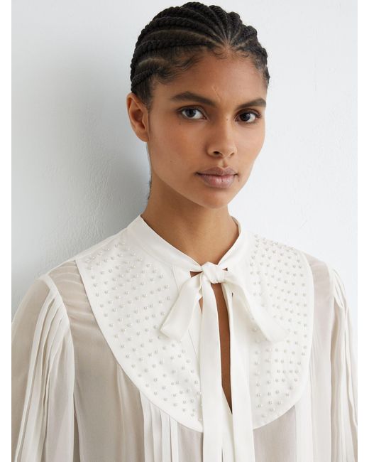 Reiss White Georgette Tie-Neck Beaded Blouse