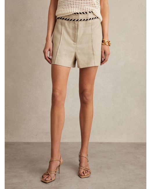 Reiss Natural Fawn - Neutral Linen Whipstitch Shorts, Us 12 L