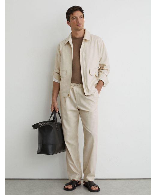 Reiss Natural Slayman - Off White Pinstripe Tapered Drawstring Trousers With Linen, 32 for men