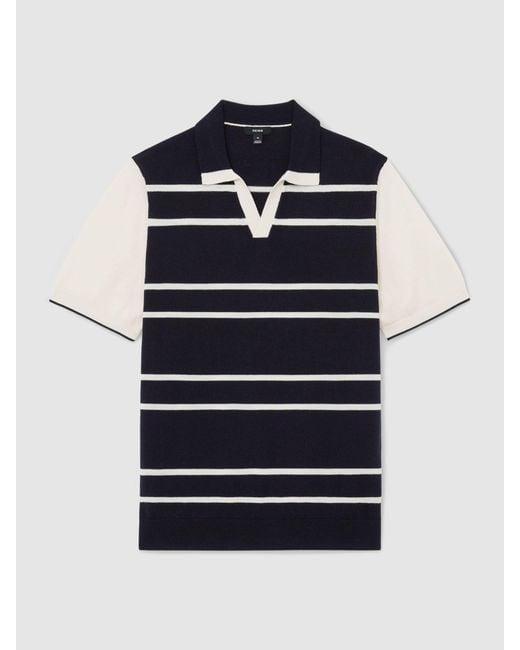 Reiss Blue Merino Wool Striped-Knit Polo Jumper for men