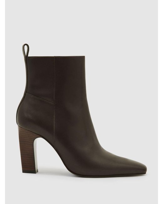 Reiss Brown Leather Chisel-Toe Block-Heel Ankle Boots