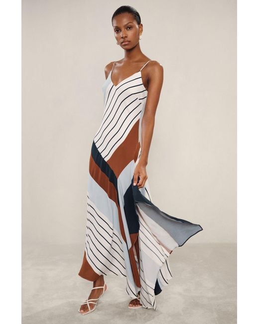 Reiss Natural Hallia - Blue/brown Stripe-print Handkerchief Maxi Dress, Us 2
