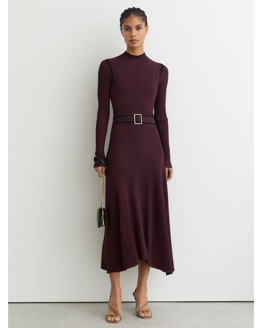 Reiss Purple Burgundy & Colour-Block Rib-Knit Midi Dress