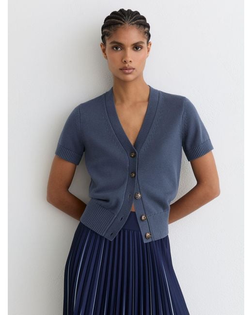 Reiss Blue V-Neck Short-Sleeve Cardigan Cotton-Wool