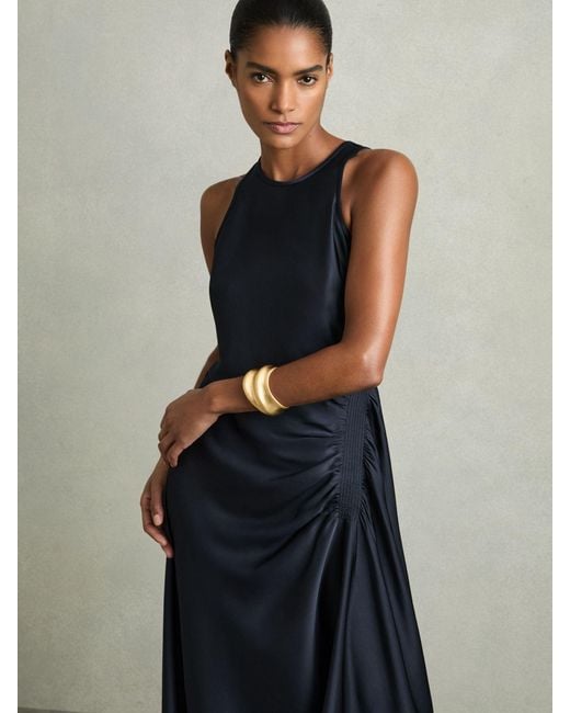 Reiss Gray Anessa - Navy Petite Satin Shirred Midi Dress, Us 2