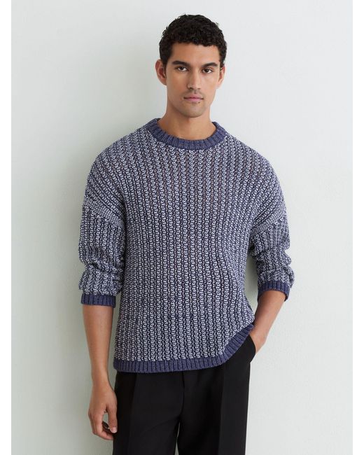 Reiss Blue Cotton-Blend Tape-Yarn Crew-Neck Jumper for men