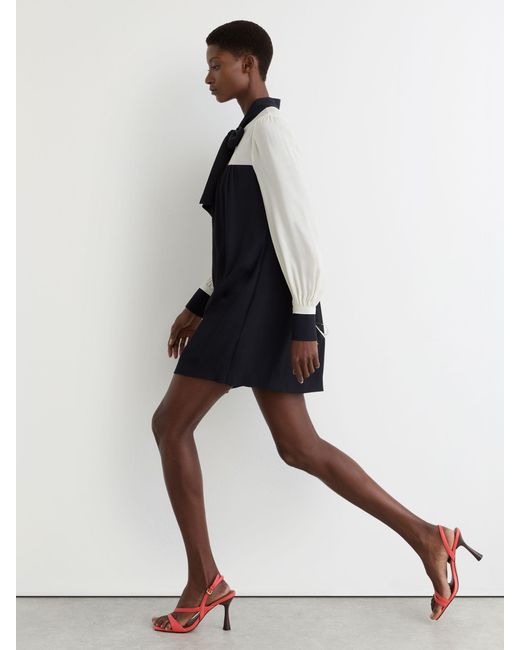 Reiss Blue Tie-Neck Contrast Shift Dress