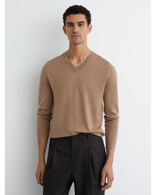 Reiss White Earl - Camel Brown Merino Wool V-neck Jumper, Xxl for men