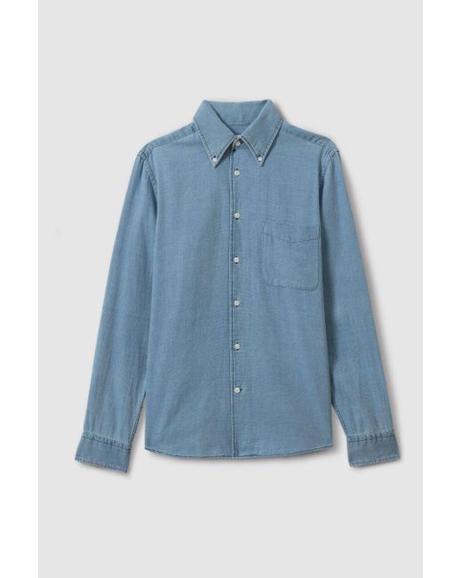 Reiss Gray Minoa - Washed Blue Chambray Pique Button-through Shirt, M for men