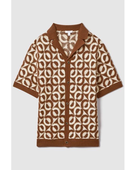 Reiss Brown Frenchie - Tobacco Crochet Cuban Collar Shirt, M for men