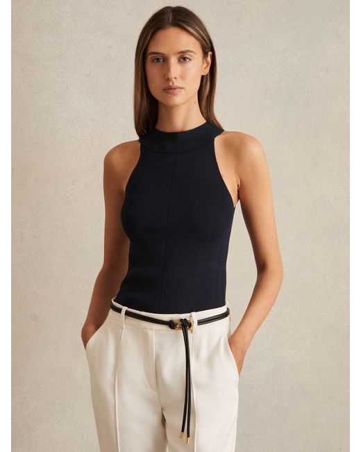 Reiss Blue Lacey - Navy Rib Knit High Neck Vest, M (us 8-10)