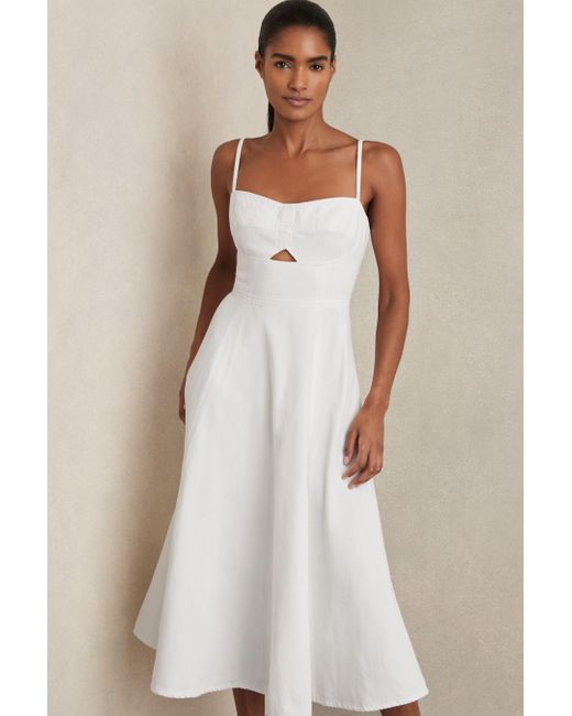 Reiss Annie - White Denim Fit And Flare Midi Dress, Us 14 in