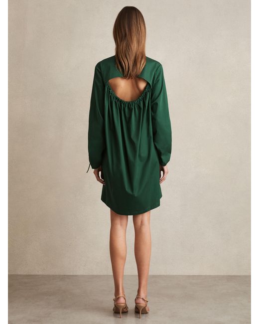 Reiss Grazia - Green Cotton Gathered Cut-out Shirt Dress With Stretch, Us 2
