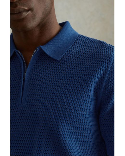Reiss Burnham - Bright Blue Cotton Blend Textured Half Zip Polo Shirt, L for men