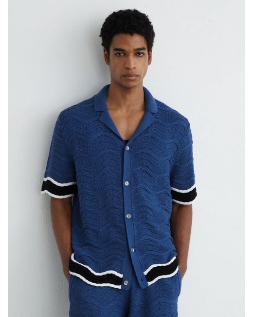 Reiss Blue Cotton-Blend Wave-Knit Tipped Shirt for men