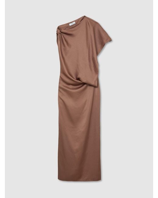 PAIGE Brown Satin Asymmetric Draped Maxi Dress