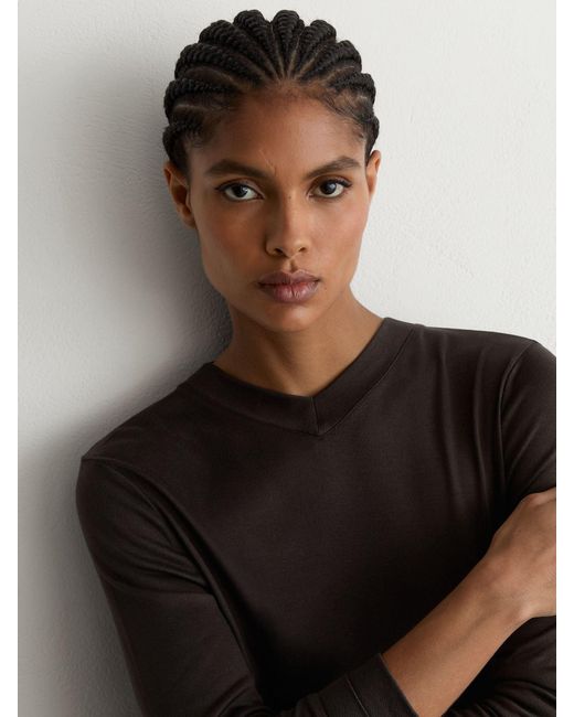 Reiss Black High V-Neck Long-Sleeve Top